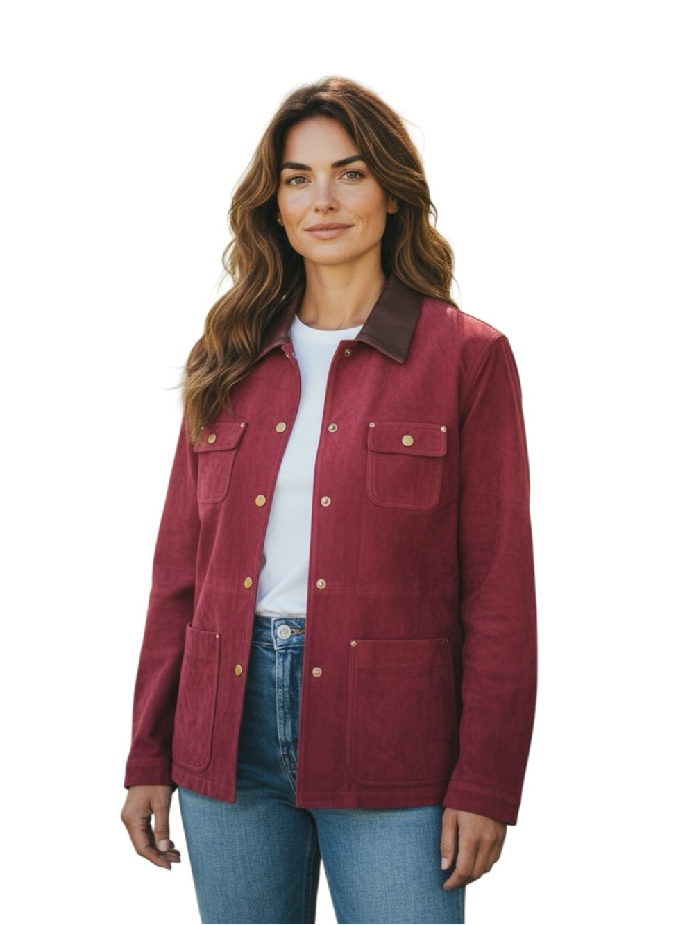 Commense Burgundy Red Suede Jacket with Gold Buttons, Leather Trim Size L